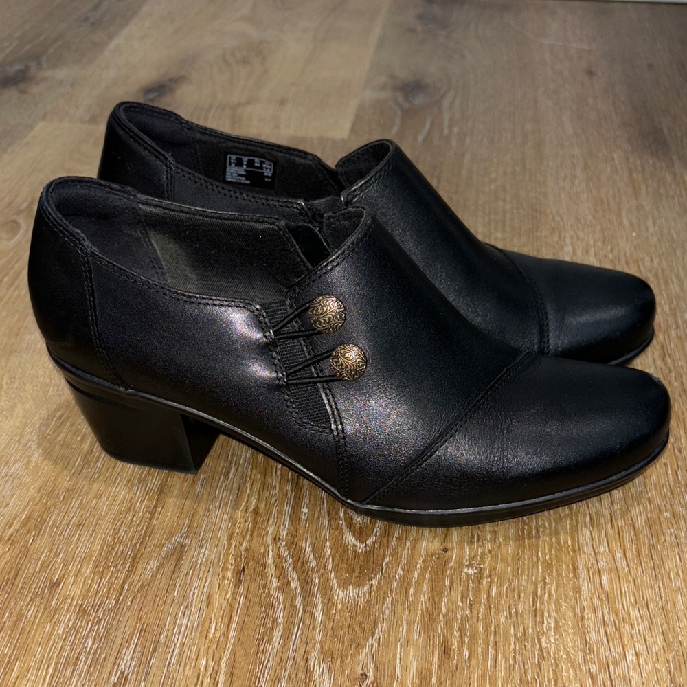 Clarks Black Heeled Slip-On Ankle Boots with Decorative Buttons